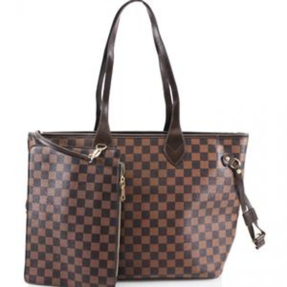 Bags Nwt 2 Piece Brown Checkered Tote Bag Wristlet Poshmark